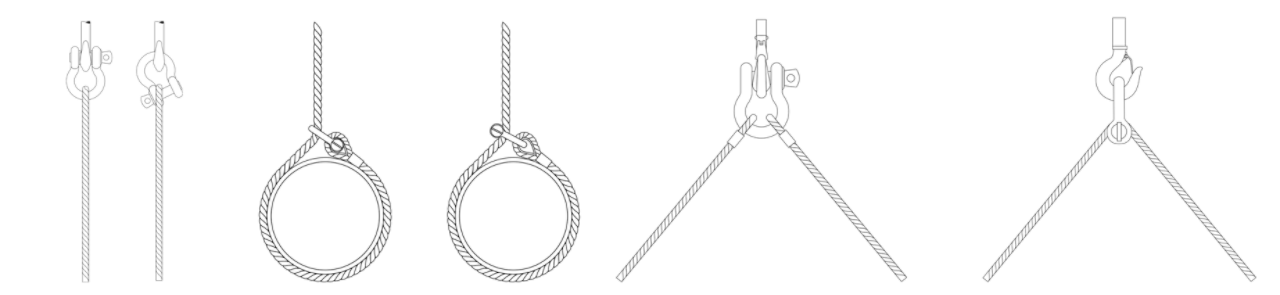 Series of drawings of shackles attached to rope in different formations
